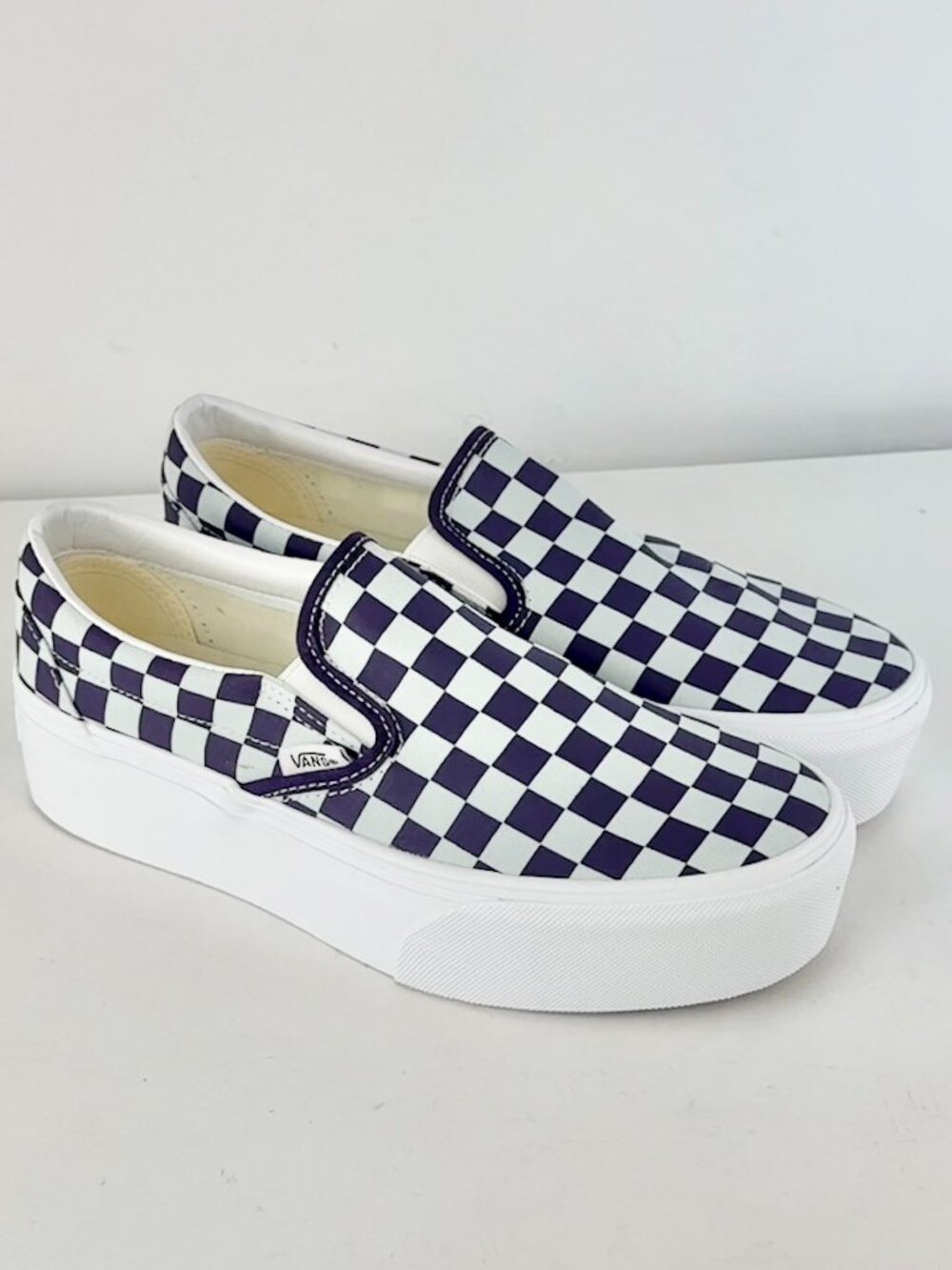 M7, W8.5-Vans Classic Slip-On Platform Checkerboard Shoe-Mist Blue/Gothic Grape